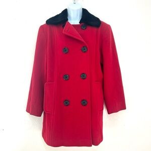 Neiman Marcus Vintage Wool Cashmere Red Pea Coat Fur Trim L